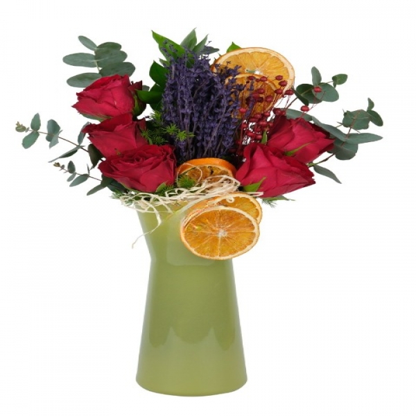  Konyaaltı Çiçek Siparişi Yeşil Cam Vazo Kırmızı Güller Çiçek Aranjmanı - KEMER