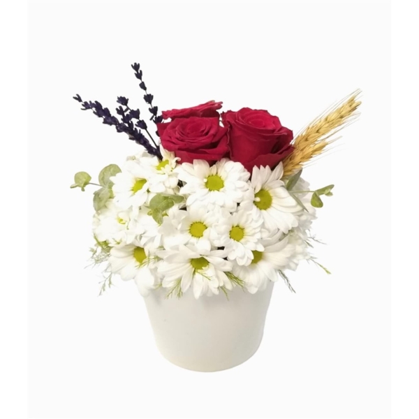  Manavgat Çiçek Siparişi Seramik Vazo Beyaz Papatya ve 3 Kırmızı Güller - BOĞAZKENT