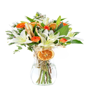  Konyaaltı Çiçek Siparişi Paşabahçe Vazo Beyaz Lilyum ve Turuncu Çardak Güller