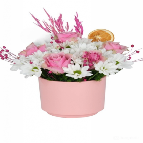  Konyaaltı Çiçek Siparişi Pembe Saksı Beyaz Papatyalar ve Pembe Güller Çiçek Aranjmanı - HADRİAN