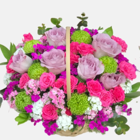 Antalya Çiçek Siparişi  Sepette Lila Gül ve Fuşya Çardak Güller Çiçek Aranjmanı - HURMA