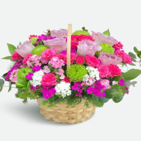 Antalya Çiçek Siparişi  Sepette Lila Gül ve Fuşya Çardak Güller Çiçek Aranjmanı - HURMA