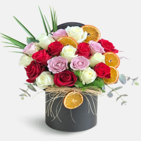 Antalya Çiçek Siparişi  Siyah Silindir Kutu Renkli Güller Aranjmanı - ADRASAN