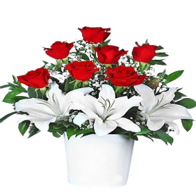  Muratpaşa Çiçek Siparişi  Seramik Vazo Kırmızı Güller ve Beyaz Lilyum