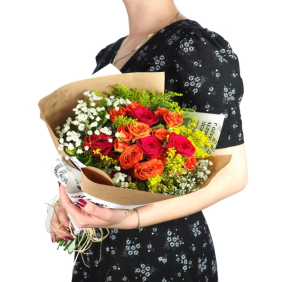  Antalya Çiçekçi  Turuncu Çardak Güller ve Kırmızı Gül Çiçek Buketi - LARA