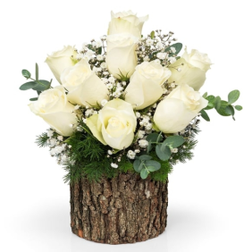 Antalya Çiçek Siparişi  Doğal Ahşap Kütük 9 Beyaz Güller Çiçek Aranjmanı - SERİK
