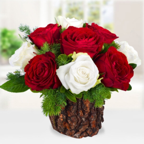 Antalya Çiçek Siparişi  Doğal Ahşap Kütük Kırmızı ve Beyaz Güller - GAZİLER