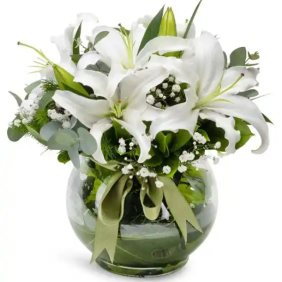  Antalya Çiçekçi  Paşabahçe Akvaryum Cam Fanus Beyaz Lilyum Çiçek Aranjmanı - KAŞ