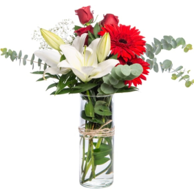  Muratpaşa Çiçek Siparişi  Paşabahce Vazo Beyaz Lilyum Kırmızı Güller ve Gerbera Aranjmanı - SİDE
