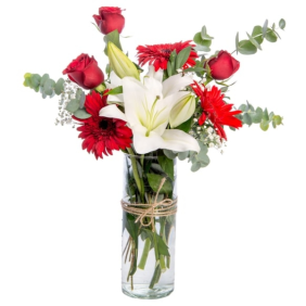  Antalya Çiçekçi  Paşabahce Vazo Beyaz Lilyum Kırmızı Güller ve Gerbera Aranjmanı -MANAVGAT
