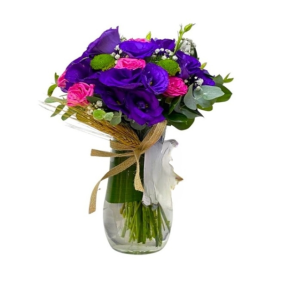 Antalya Çiçek Siparişi  Paşabahçe Vazo Mor Lisiantus ve Fuşya Çardak Güller Aranjmanı - KALEİÇİ