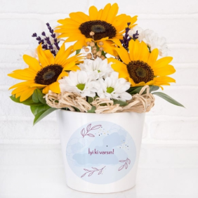  Manavgat Çiçek Siparişi Seramik Vazo Kişiye Özel Baskılı Beyaz Papatya 3 Ay Çiçeği Çiçek Aranjmanı - BEYDAĞLARI