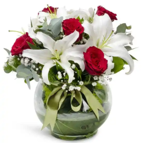  Muratpaşa Çiçek Siparişi  Paşabahçe Akvaryum Cam Fanus Beyaz Lilyum ve Kırmızı Güller - KAŞ