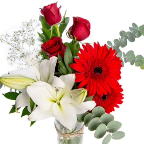  Muratpaşa Çiçek Siparişi  Paşabahce Vazo Beyaz Lilyum Kırmızı Güller ve Gerbera Aranjmanı - SİDE