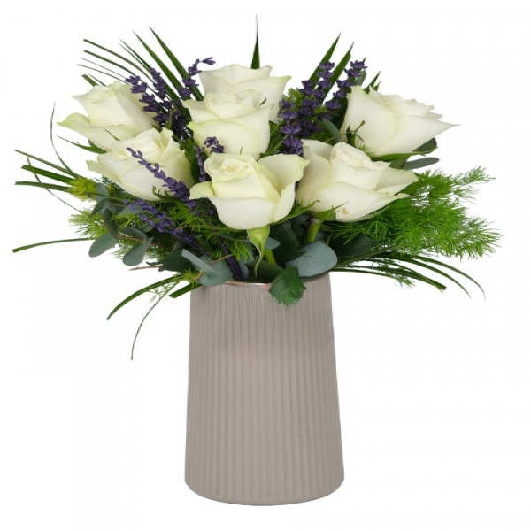 Antalya Çiçek Siparişi  Gri Vazo Beyaz Beyaz Güller Çiçek Aranjmanı - MOLLAYUSUF