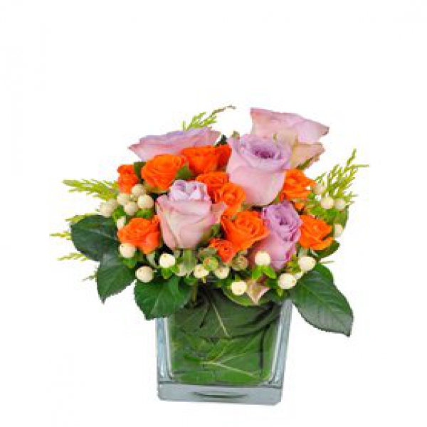 Antalya Çiçek Siparişi  Kare Cam vazo Lila gül ve Turuncu Çardak Güller