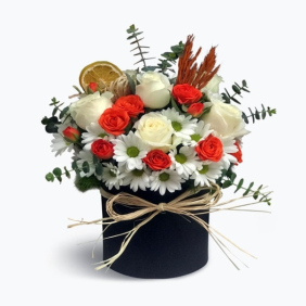 Antalya Çiçek Siparişi  Silindir Kutu Beyaz ve Turuncu Çardak Güller - ÜÇKAPILAR