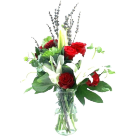  Antalya Çiçekçi  Paşabahçe Vazo Beyaz Beyaz Lilyum ve Kırmızı Güller - GEBİZLİ