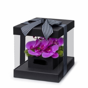  Konyaaltı Çiçek Siparişi PVC siyah Kare Kutu Mor Orkide Çiçek Aranjmanı - AYANOĞLU