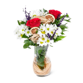  Antalya Çiçekçi  Paşabahce Vazo Beyaz Papatyalar ve Kırmızı Güller