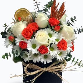 Antalya Çiçek Siparişi  Silindir Kutu Beyaz ve Turuncu Çardak Güller - ÜÇKAPILAR
