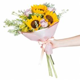 Antalya Çiçek Siparişi  Ay Çiçeği ve Lila Güller Çiçek Buketi - ÖĞRETMENEVİ