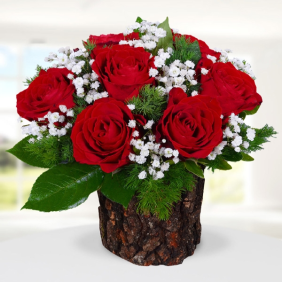  Manavgat Çiçek Siparişi Doğal Ahşap Kütük 7 Kırmızı Gül - KALKAN
