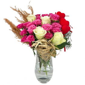  Konyaaltı Çiçek Siparişi Paşabahçe Vazo Beyaz Beyaz Gül ve Pembe Çardak Güller - KORKUTELİ
