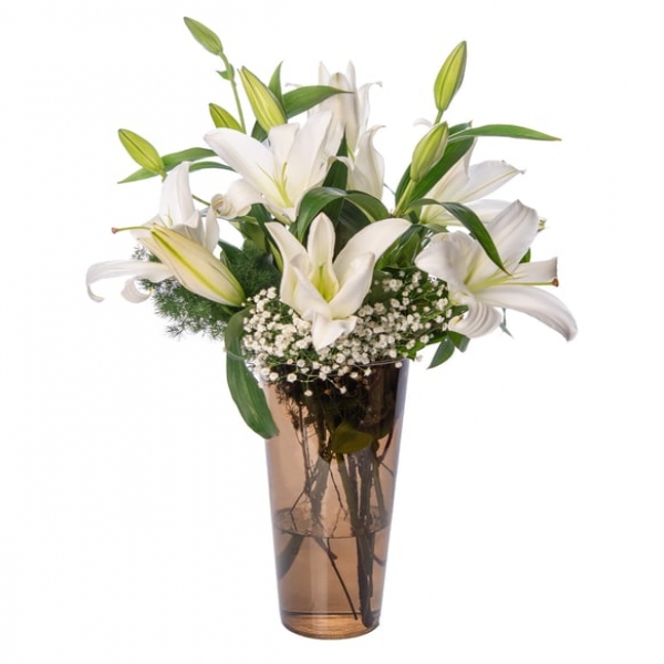  Manavgat Çiçek Siparişi Füme Renk Cam Vazo Beyaz Lilyum  Çiçek Aranjmanı - ARAPSUYU
