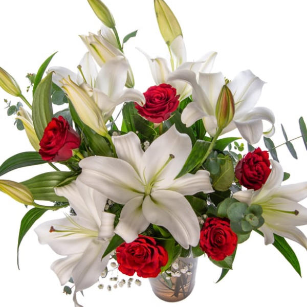  Antalya Çiçekçi  Füme Renk Cam Vazo Beyaz Lilyum ve Kırmızı Güller Çiçek Aranjmanı - ARAPSUYU